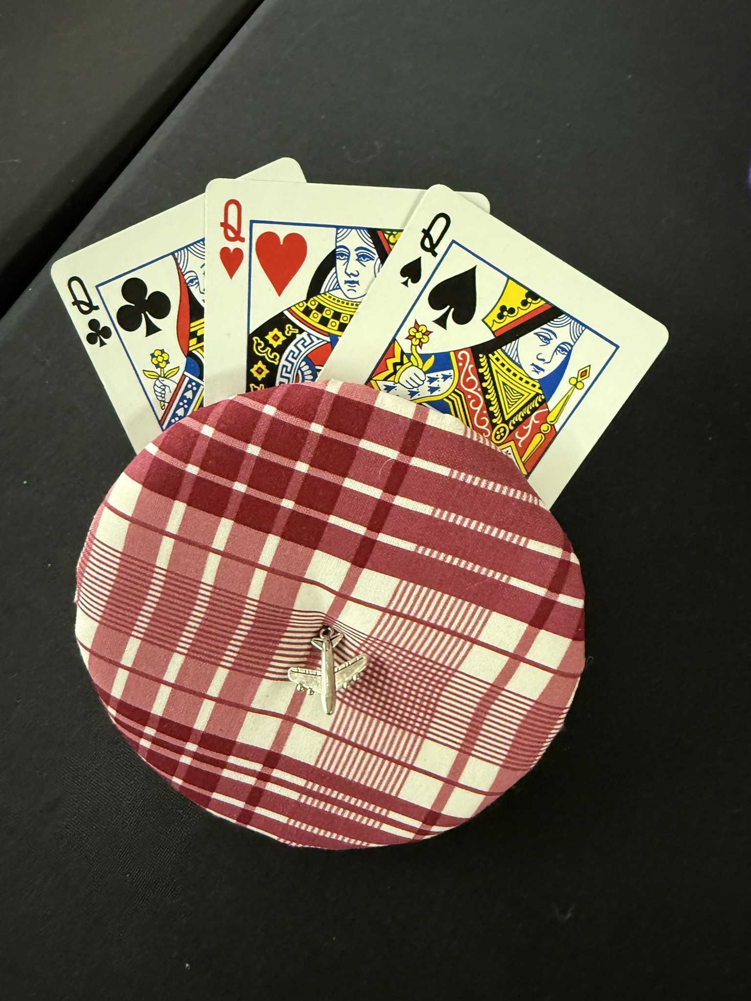 red and white plaid playing cards holder with airplane charm