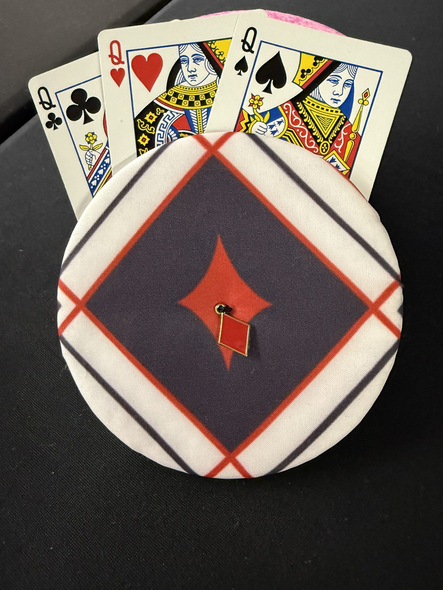 red and black diamond playing cards holder with diamond charm