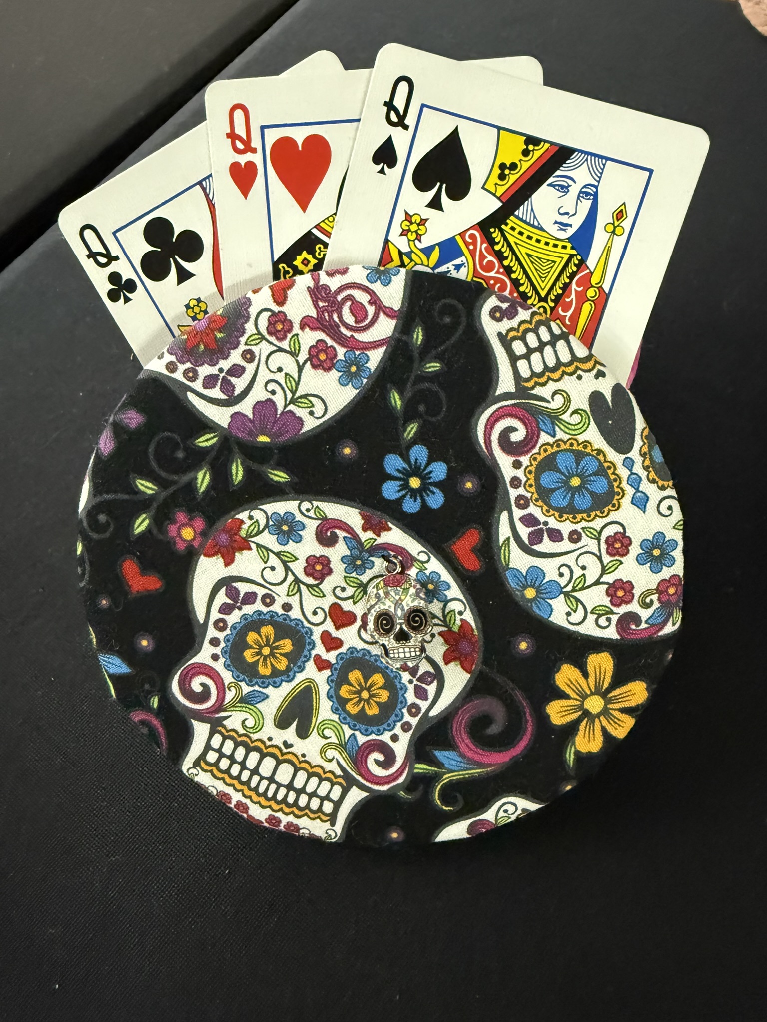 day of the dead sugar skulls playing cards holder with sugar skull charm