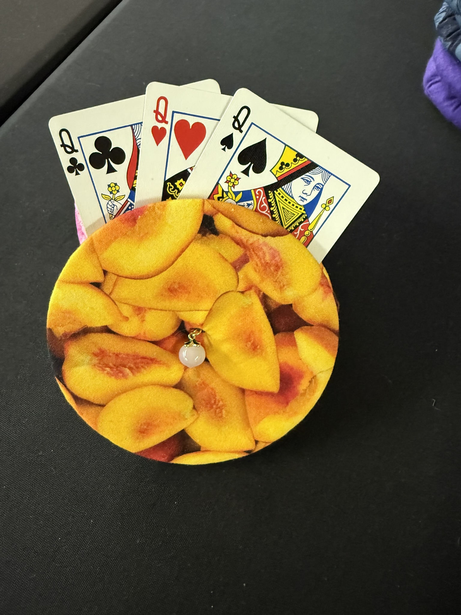 peaches pattern playing cards holder with peach charm