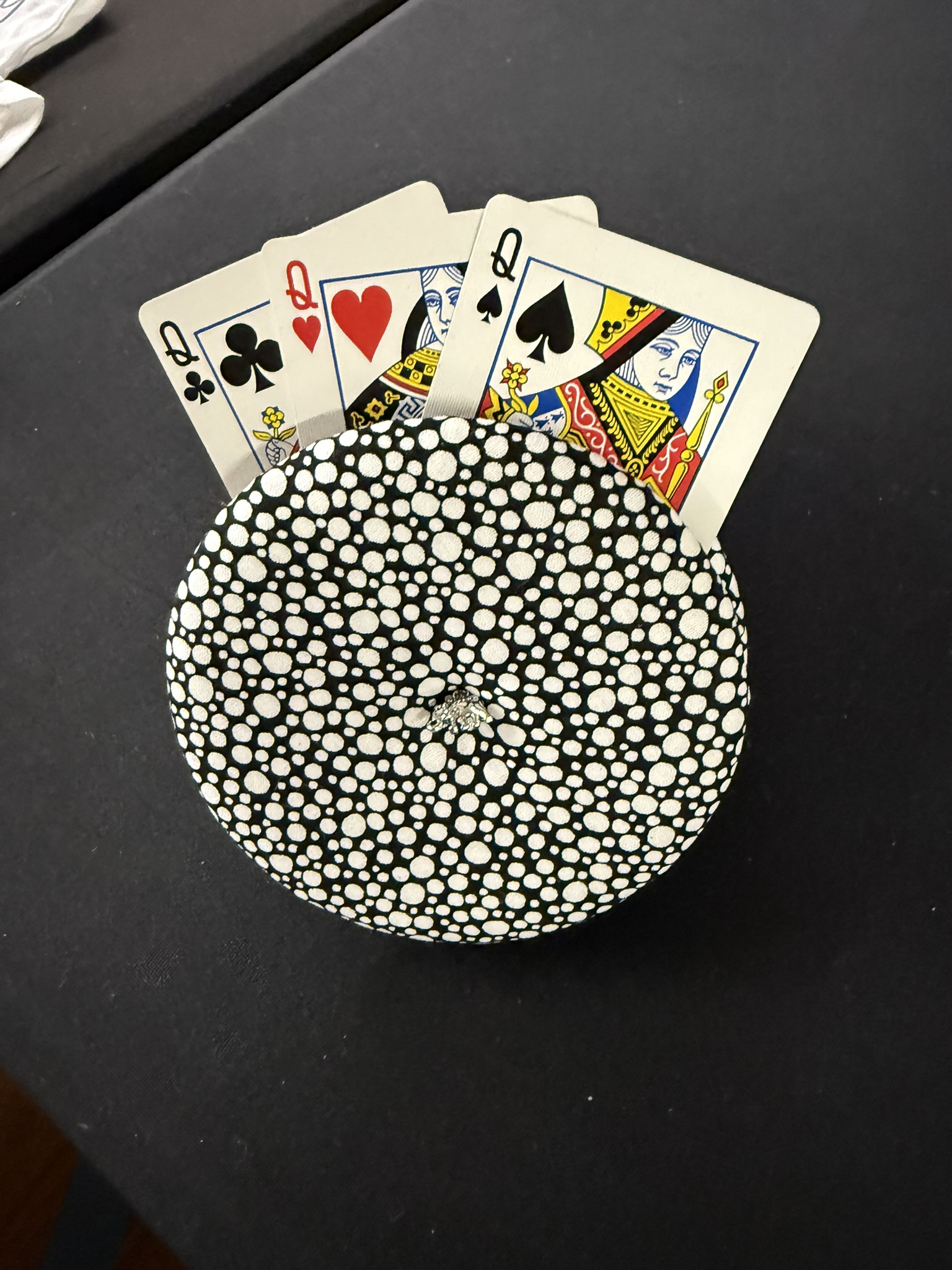 black with white polka dots pattern playing cards holder with elephant charm