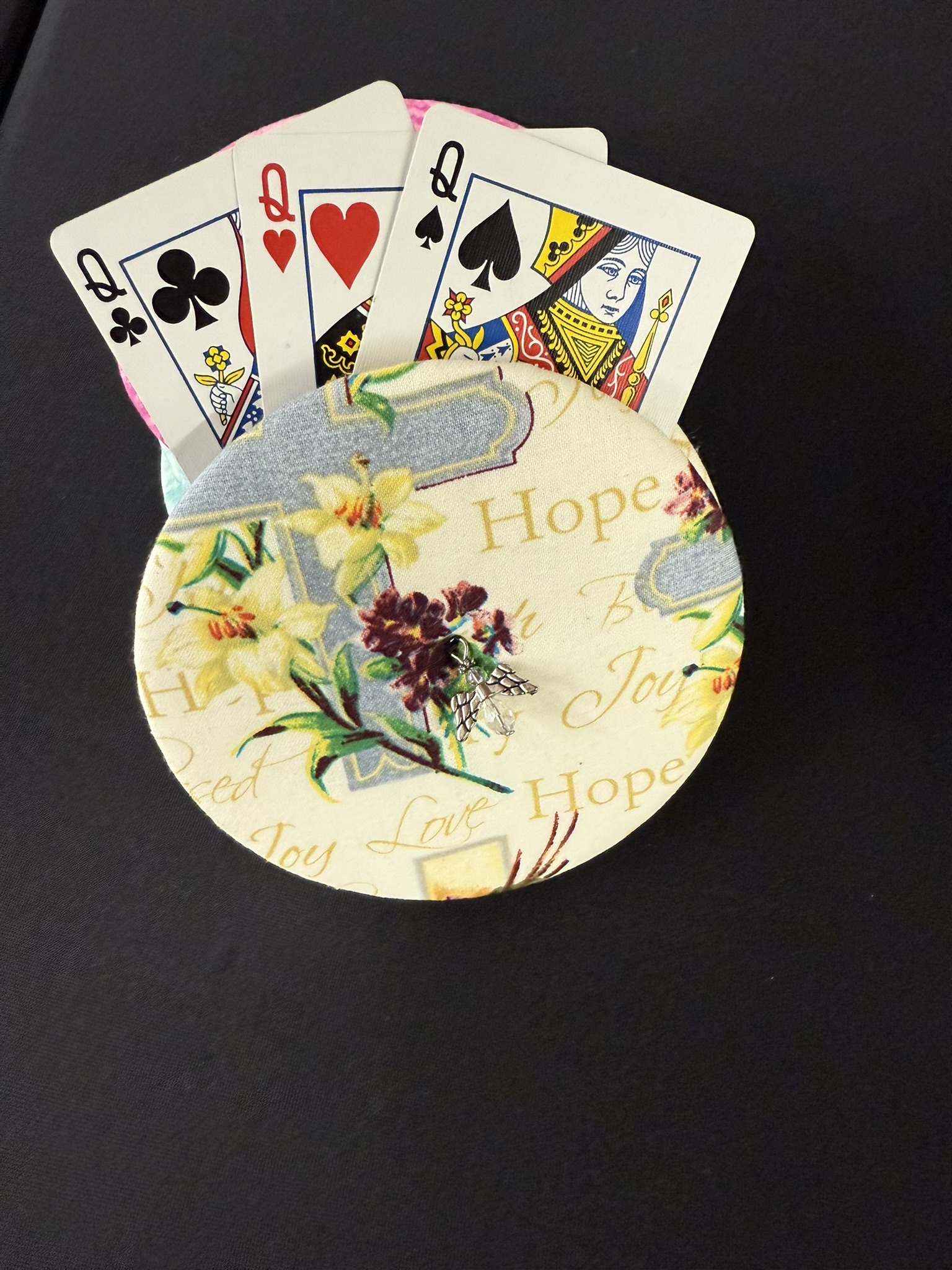 floral pattern playing cards holder with clear bead angel charm