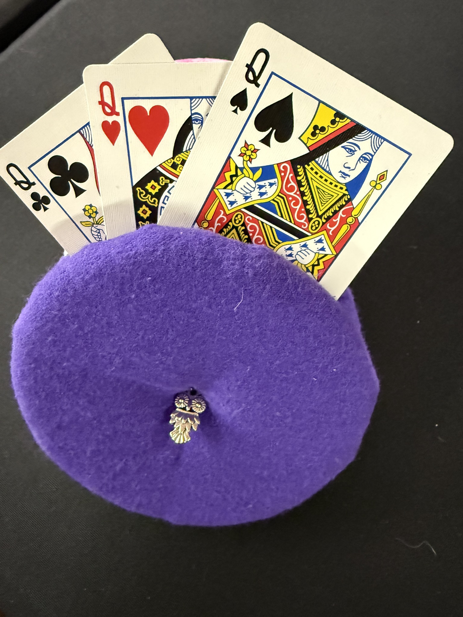 purple playing cards holder with owl charm