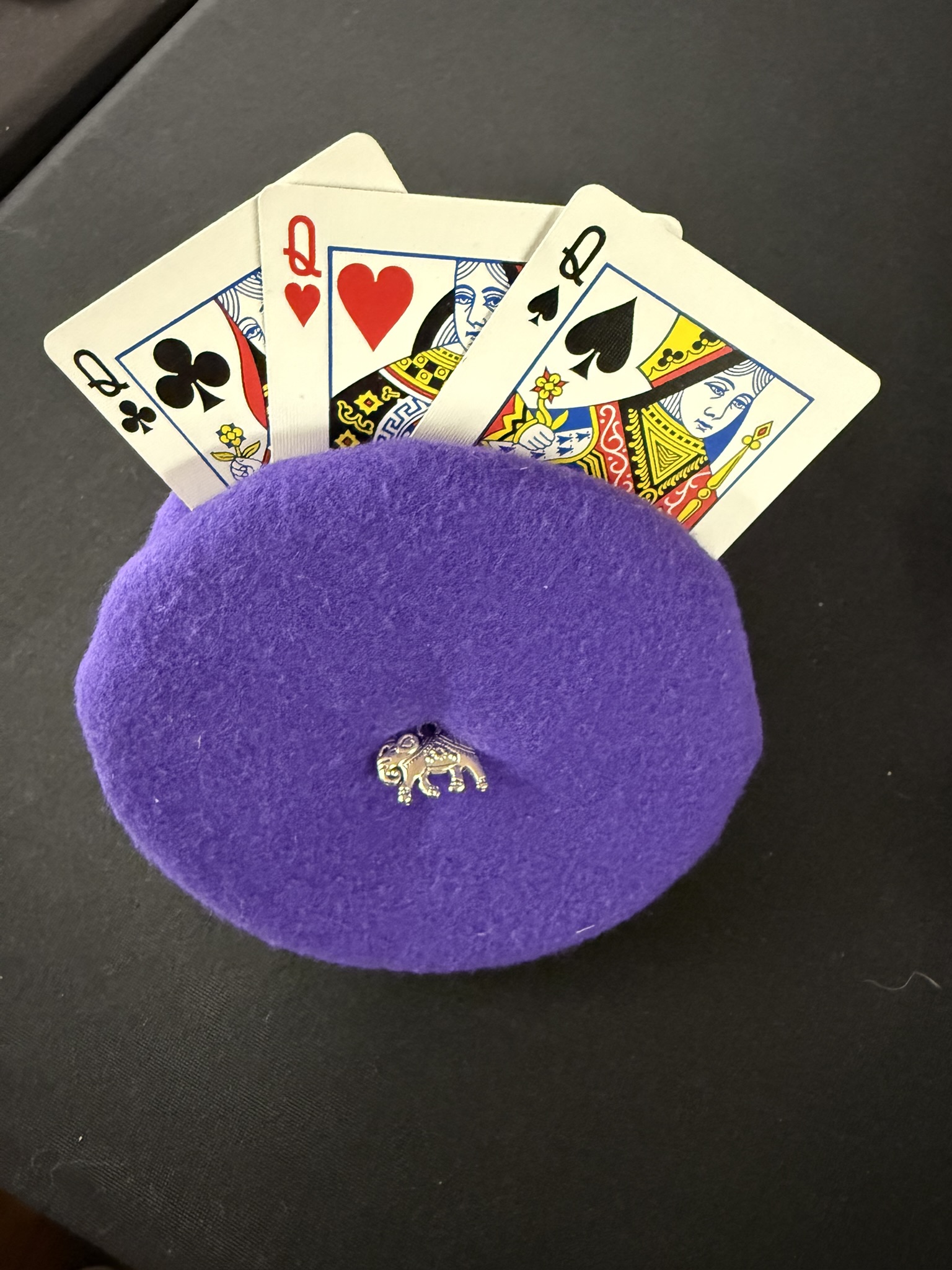 purple playing cards holder with elephant charm