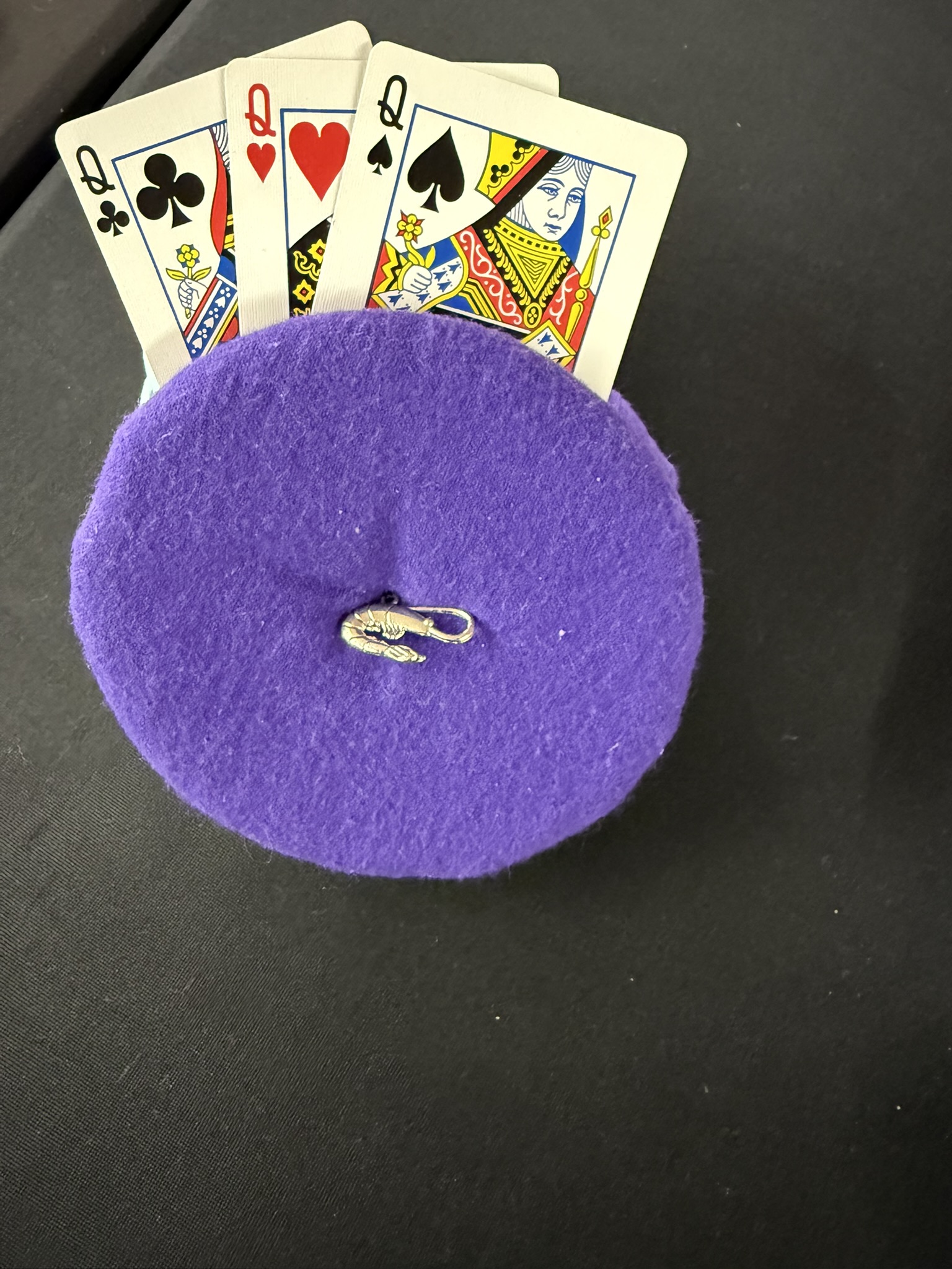 purple playing cards holder with shrimp charm