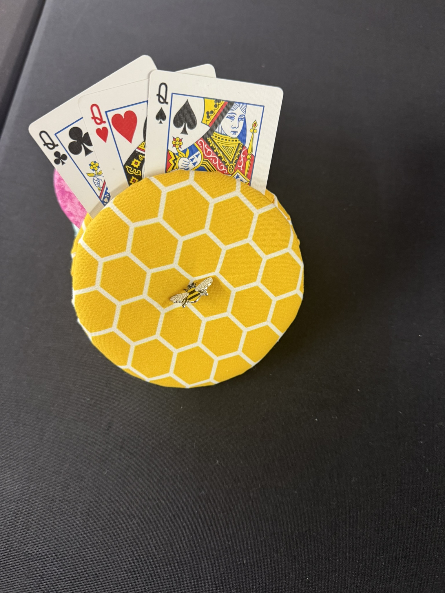 yellow honeycomb pattern playing cards holder with bee charm