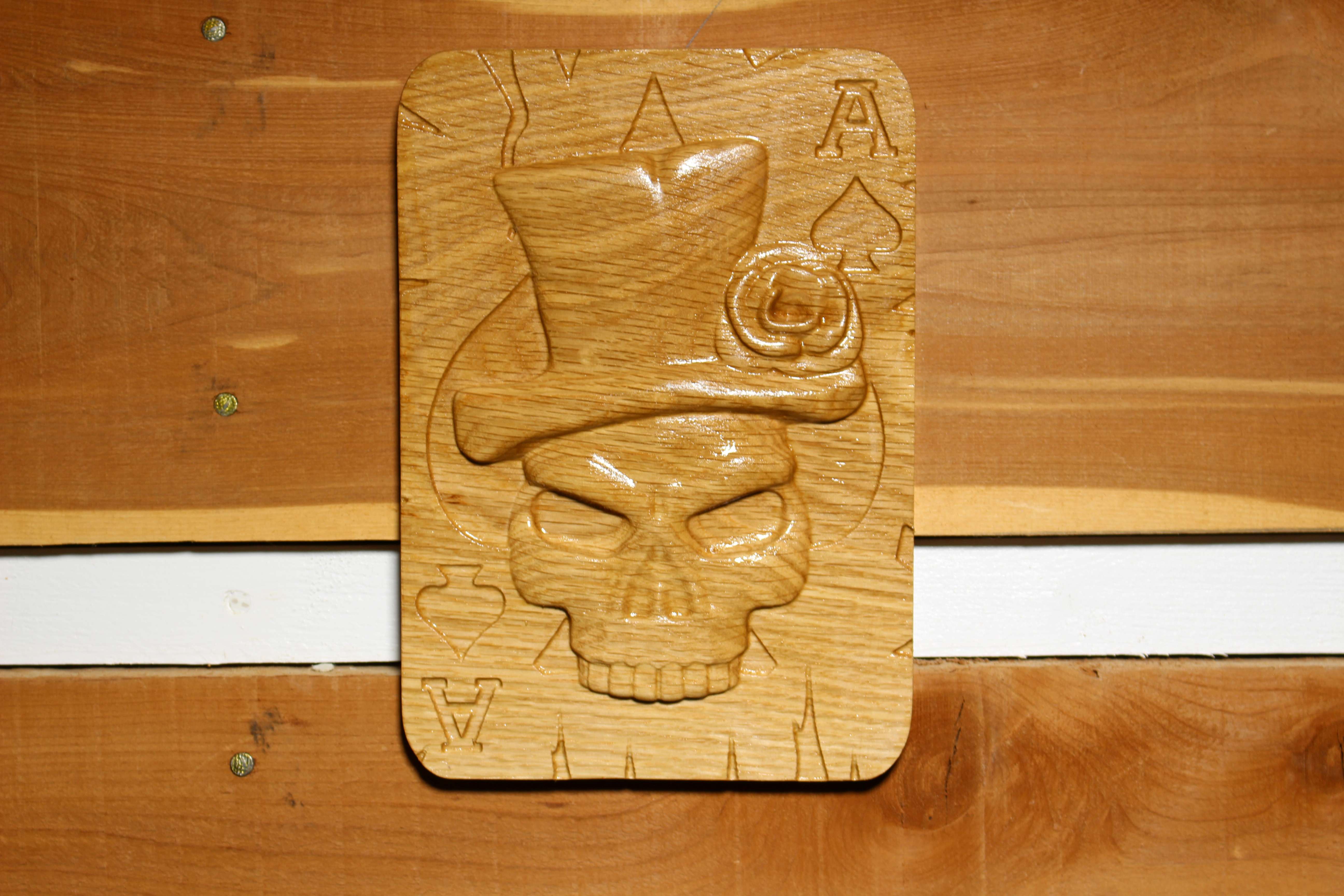 3D Ace of Spades/ Skull. On Oak