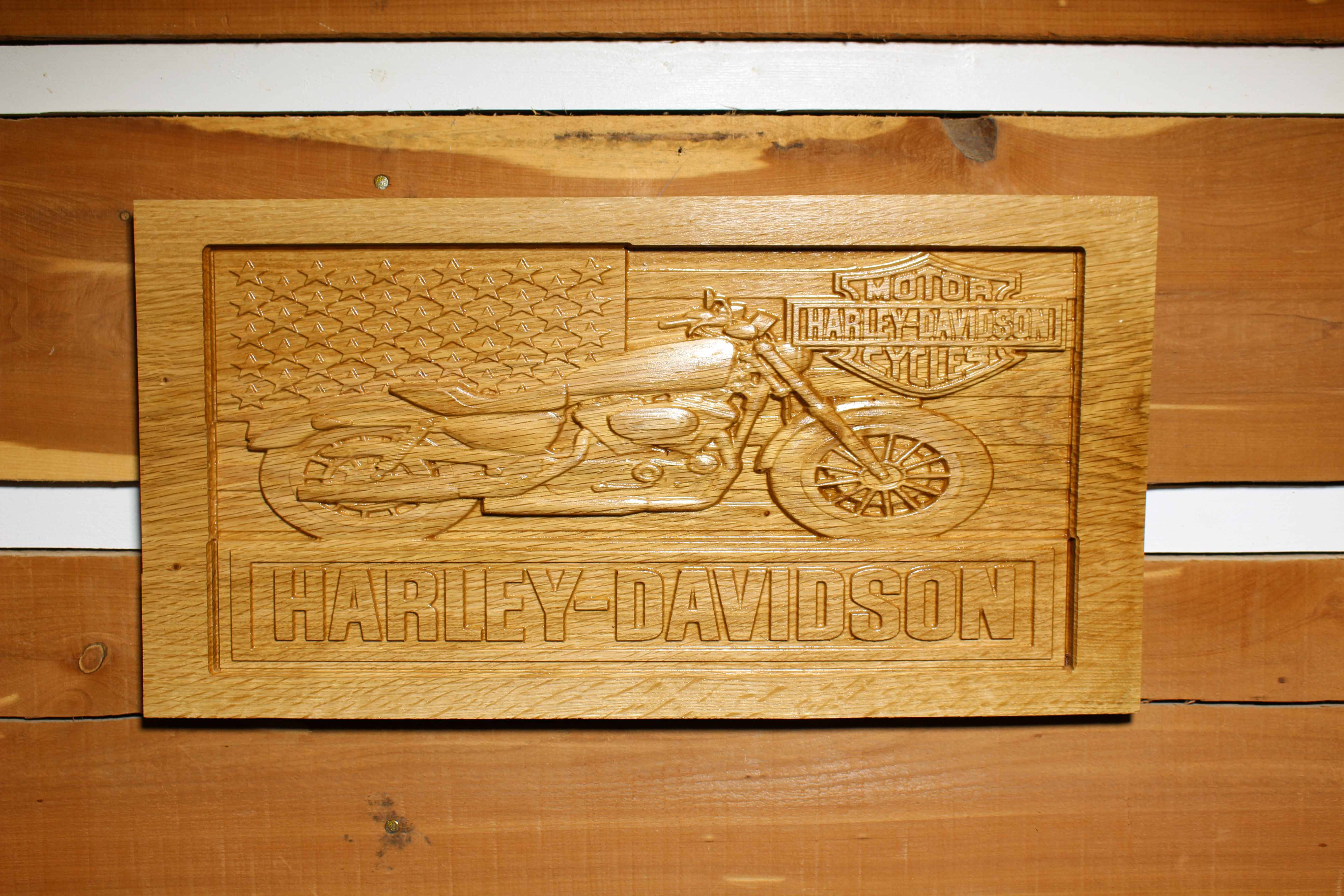 3D Harley Davidson Flag with Bike. On Oak